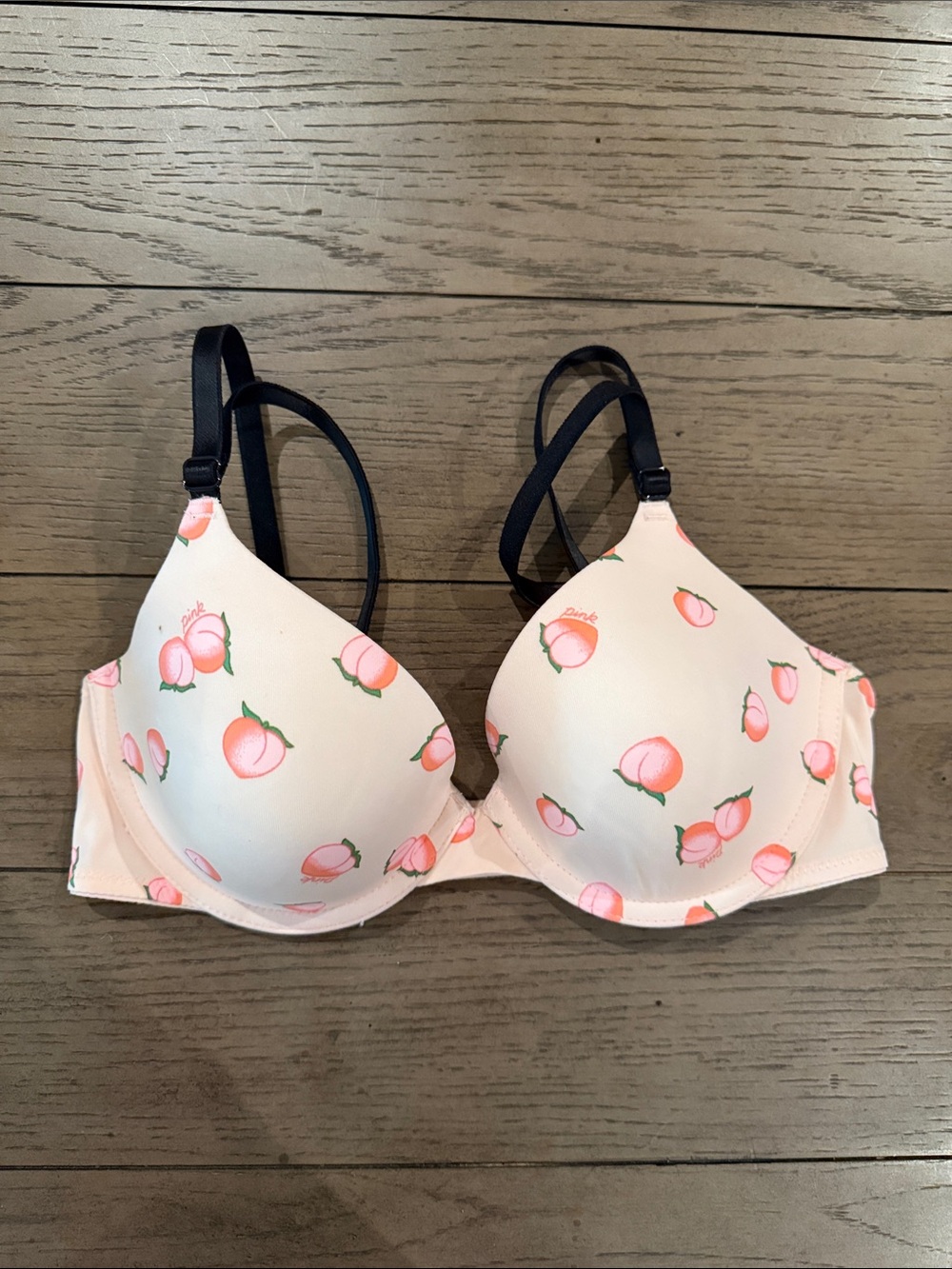 PINK Victoria's Secret Peach-Print Light Pink T-Shirt Bra with Black Straps